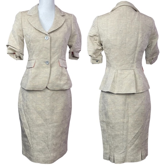 Elie Tahari Skirt Suit Set NEW S Short Puff Sleeve Notched Collar Linen Blend - Picture 1 of 16